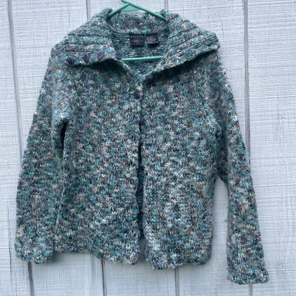 Tailor B. Moss Cardigan Sweater Chunky Knit Button Front Blue Brown Wool Blend L